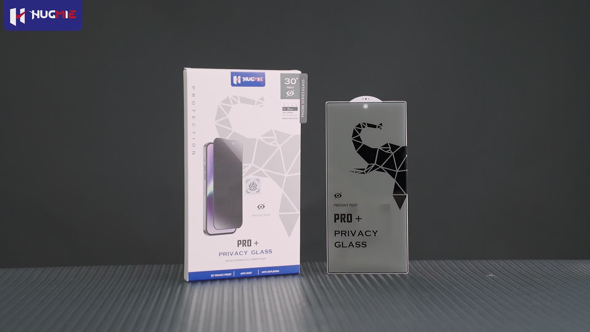 Hugmie Pro+ Privacy Glass screen protector for Samsung S24 Series, showcasing premium packaging and full protection accessories.